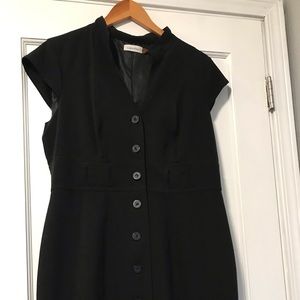 Calvin Klein button front black v-neck dress, midi length